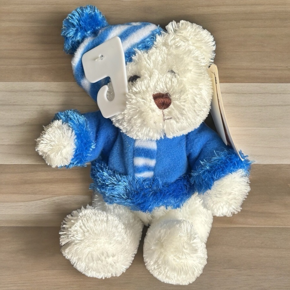 NEW Holiday Time White Bear with Blue and White‎ Striped Outfit 9”